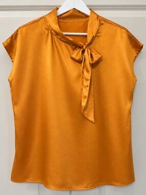 Satin Bow-Neck Cap Sleeve Blouse in Golden Orange